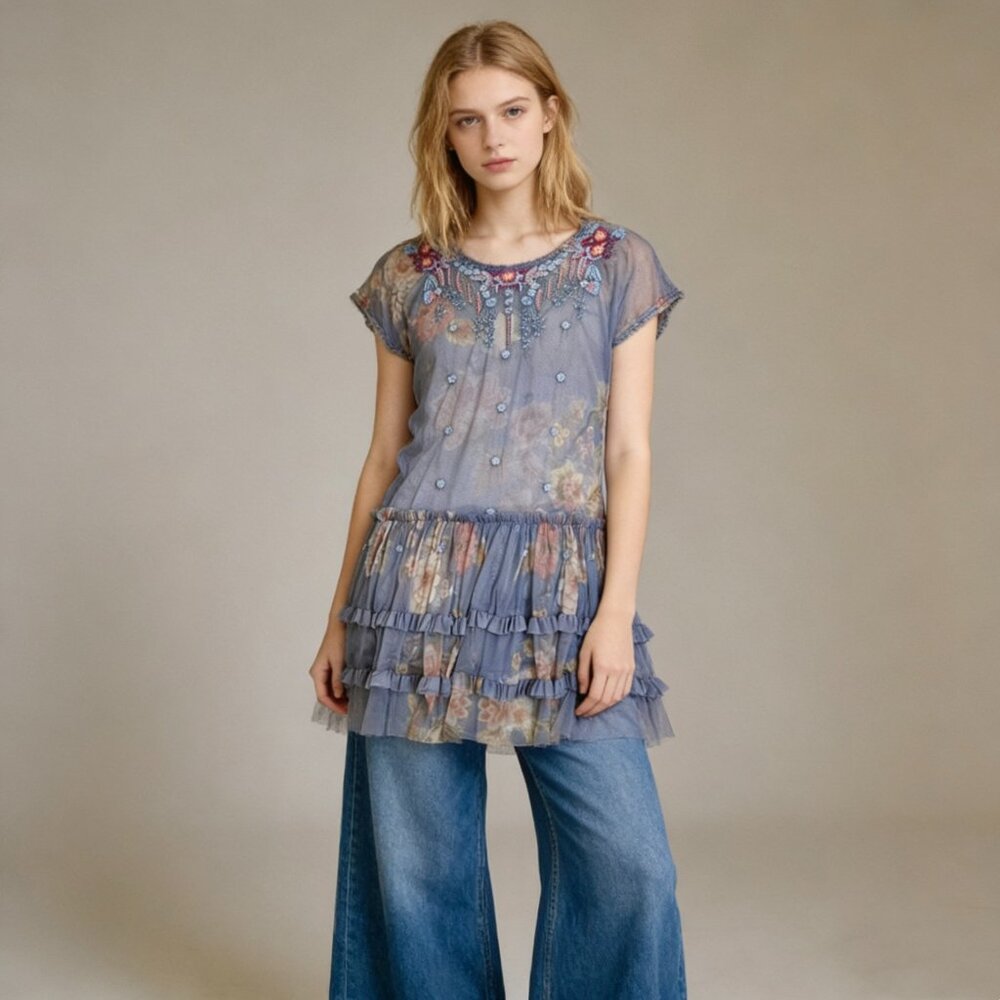 $390 NWT Johnny Was Mesh Embroidered Layered Ruffles Floral Tunic Blouse Size S